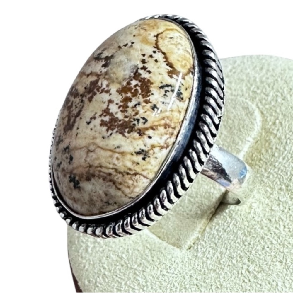 Hand Crafted Artisan Jewelry Silver Picture Jasper Ring in Beige and Brown Oval